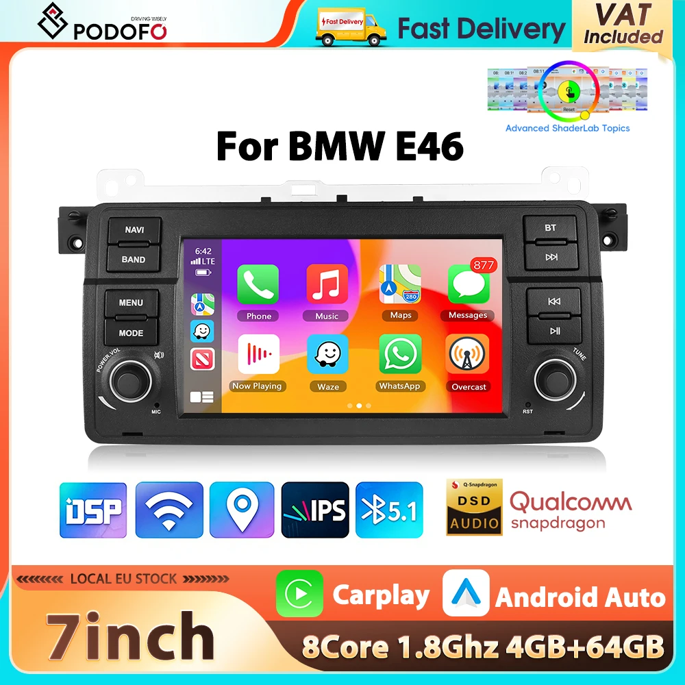 Podofo 7'' 8-Kern Autoradio für BMW 3 E46 Multimedia-Player Carplay Android Auto Qualcomm WIFI GPS EQ DSP Mirror Link Autoradio