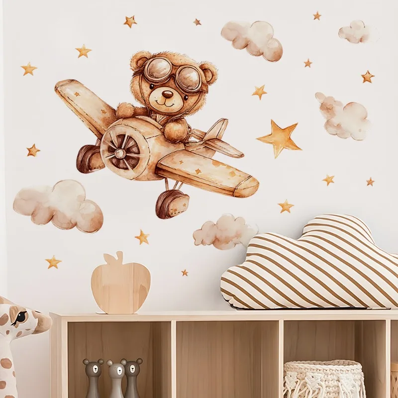 Cartoon Bear Airplane Wall Stickers for Children's Room Kids Room Wall Decoration Bedroom Wall Decals Living Room Vinyl