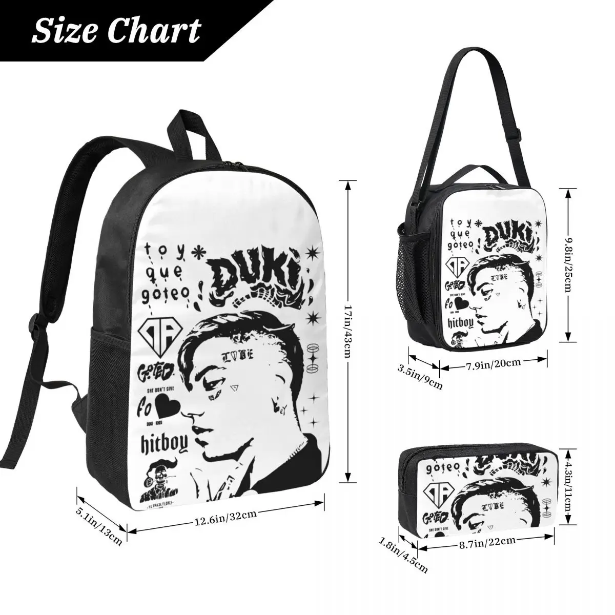 Duki Hip Hop กระเป๋าเป้สะพายหลังนักเรียนชายหญิง BookBag กระเป๋าโรงเรียนแล็ปท็อปไหล่กระเป๋า 3 PS ถุงอาหารกลางวันฉนวนดินสอกรณี