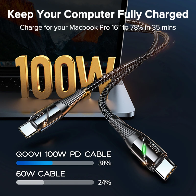 QOOVI 3M PD 100W USB C to USB Type C Cable For Macbook Laptop Charger Fast Charging For iPhone 15 Xiaomi Samsung Charge Cord