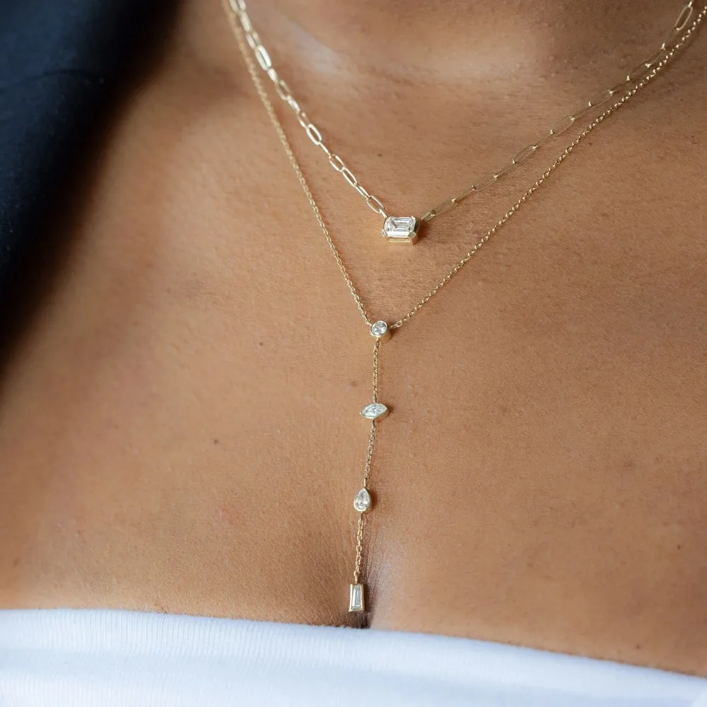 Gold Plated Layered Zircon Necklace Set, Multi-Shape CZ Pendant Paperclip & Ball Chain Stackable Minimalist Elegant DailyJewelry