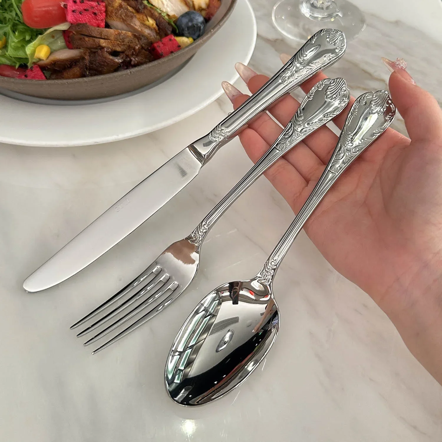 304 stainless steel knife, fork, spoon set, European relief Western tableware, palace style knife and fork spoon set