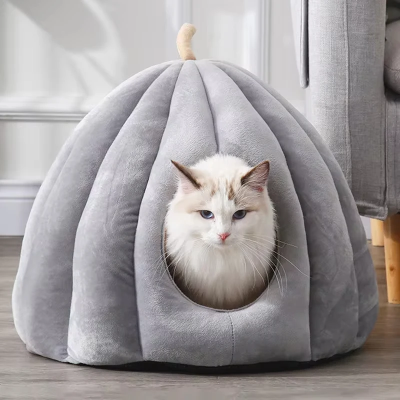 Enclosed Cat Nest Winter Warm Cat Bed Pumpkin Shape Pet Sleeping House for Cats Comfortable Washable Cat Sleeping Bed Pet Supply