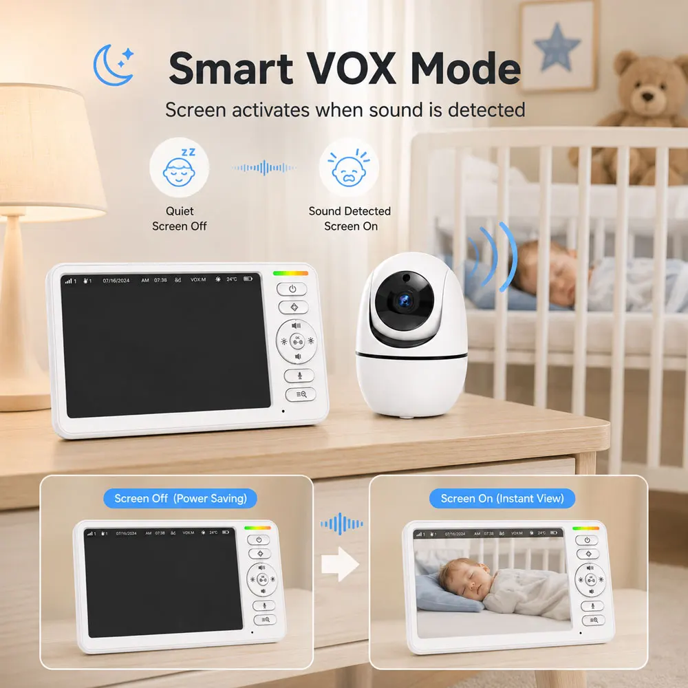 5-Zoll-PTZ-Babyphone-Kamera mit Audio, 5000mAh wiederaufladbarem Elternbildschirm, 4-fachem Digitalzoom, Zwei-Wege-Kommunikation, IR-Nachtsicht, VOX-Geräuscherkennung, Raumtemperaturüberwachung, 5 Schlaflieder, Fernüberwachung, kabelloser Videomonitor für Kinderzimmer, Schlafzimmer und Babypflege – Detail 8