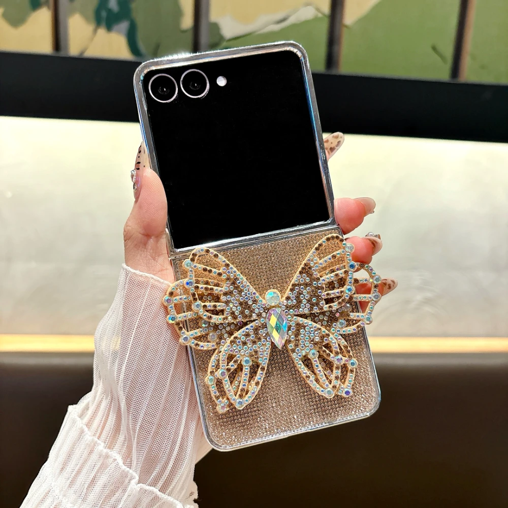 

Luxury Bling Glitter Electroplate 3D Diamond Butterfly Phone Case For Samsung Z Flip 5 4 6 7 FE Shockproof Flash Drill Cover