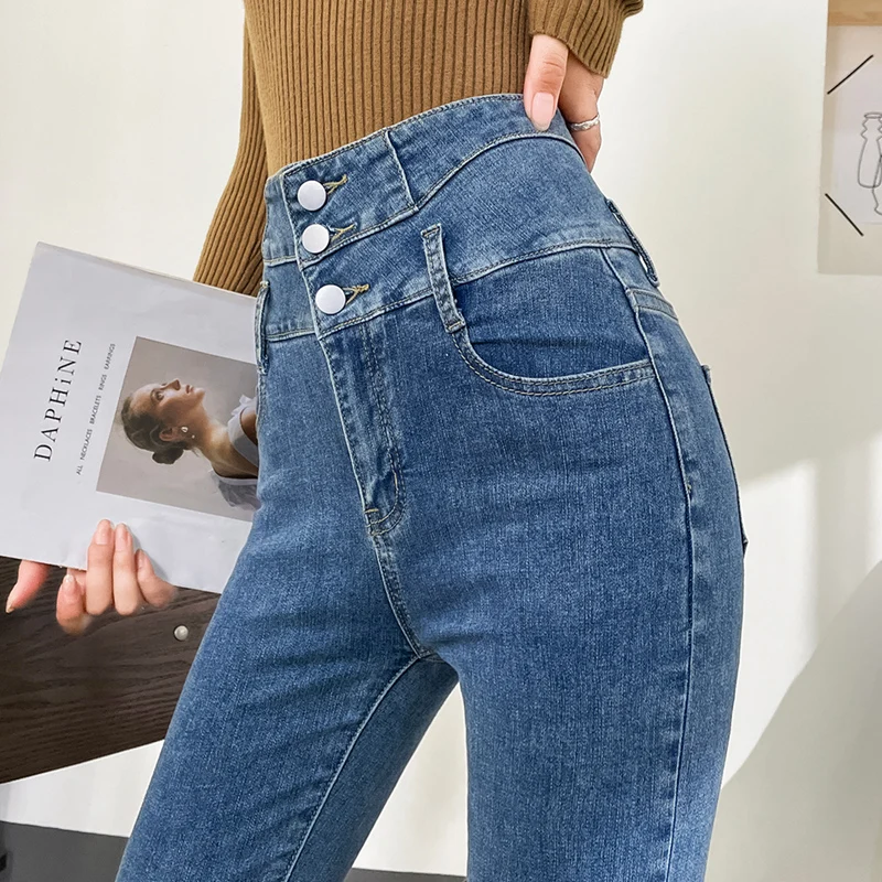 ผู้หญิงกางเกงยีนส์ผอมหลายปุ่มเอวสูงแฟชั่นElastic Slimดินสอกางเกงหญิงแม่DenimกางเกงStreetwear