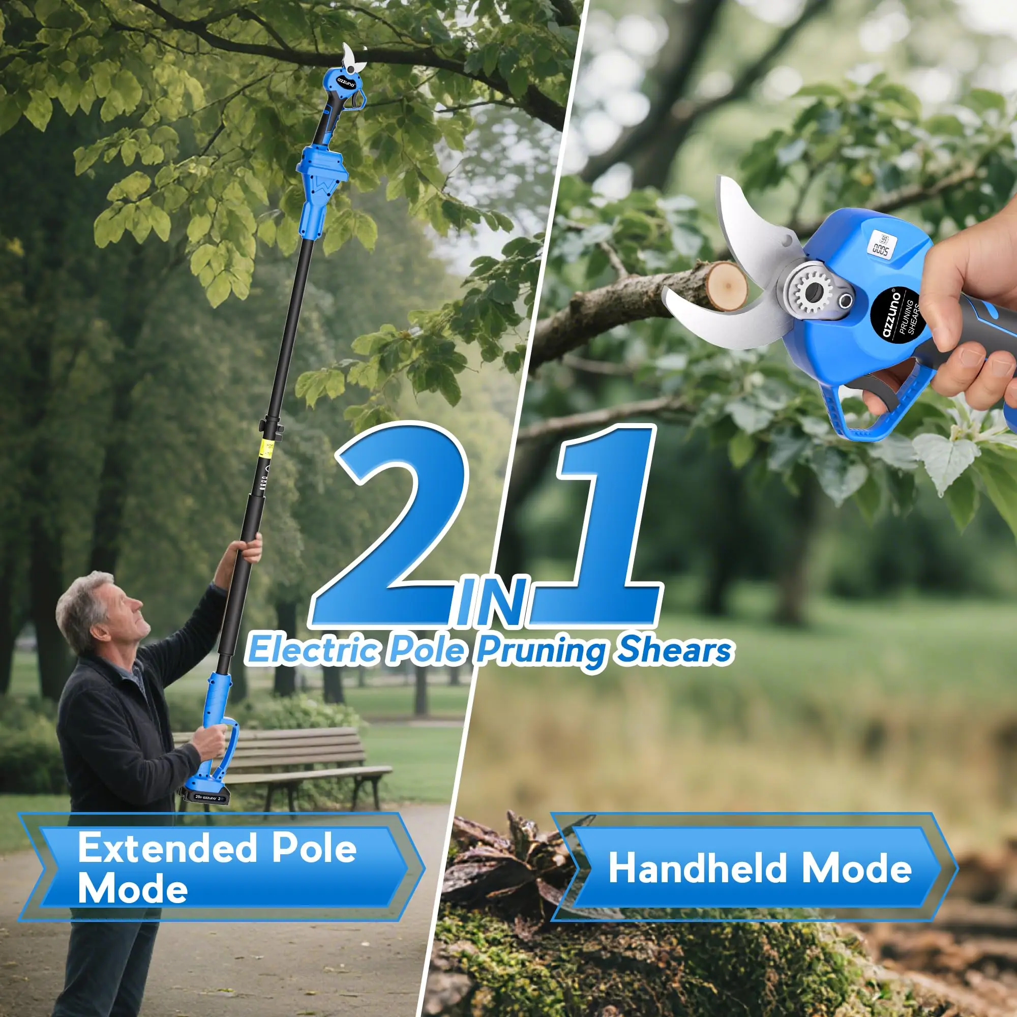 AZZUNO Tijeras de podar de postes eléctricas 2 en 1 de 20 V, podadora de mango largo inalámbrica de 1,4 pulgadas de alcance de 13 pies, cortador de ramas sin escobillas con LCD