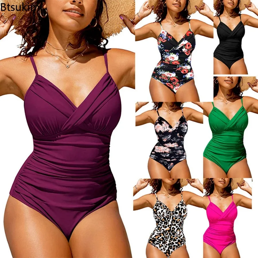 New 2024 Women\'s Summer Bikini Sets Sexy Deep V Neck Low-cut Backless Sleeveless Pleated Bathing Spaghetti Strap Women Swimwear