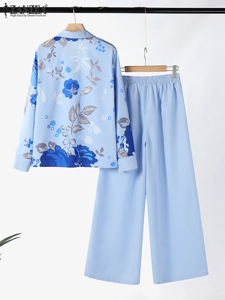 Elegant Autumn Women Pant Sets ZANZEA Long Sleeve Floral Blouse Trousers Suit 2pcs Casual Work Outfits Femme Matching Sets 2024