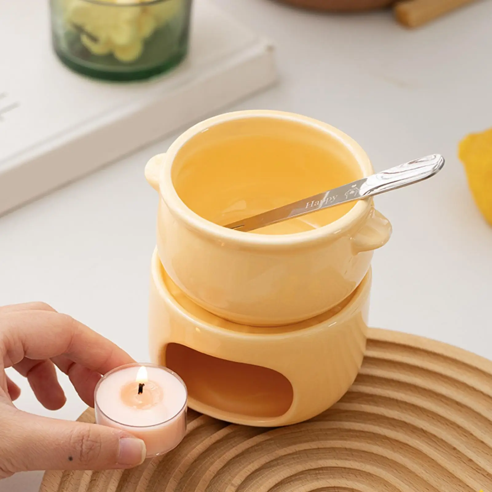 Taza para derretir chocolate y caramelo, olla calentadora de cerámica antiadherente, taza para Fondue, olla para derretir mantequilla, olla calefactora para té con tenedores