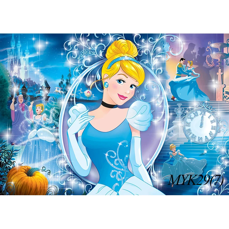 Blue Dress Blonde Princess Cinderella Backdrop Girls Birthday Party Decor Banner Clock Background Baby Shower Photocall