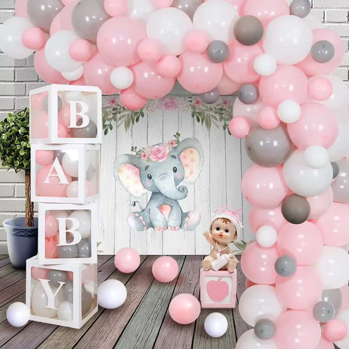 Elephant Theme Party Animal Flower Backdrop Pink Girls Gender Reveal Birthday Decoration Newborn Baby Shower Photography Props