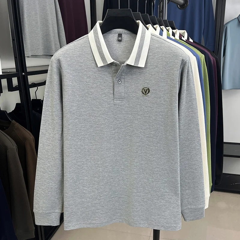 

100 хлопковая роскошная качественная мужская рубашка поло с буквенным принтом и полосатым воротником с длинным рукавом, осенняя футболка с лацканами, деловая повседневная мужская одежда