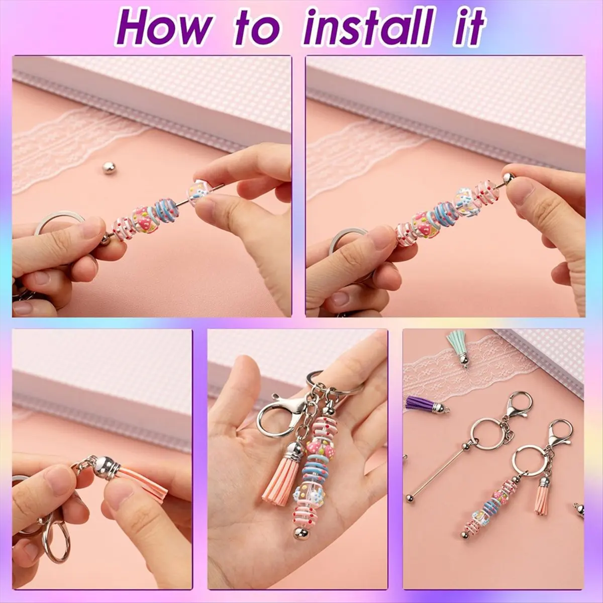 

*ESTR 40Pcs Beadable Keychains Bars - DIY Blank Beaded Keychain with Strips and Colorful Leather Tassel Loose for DIY Keychain