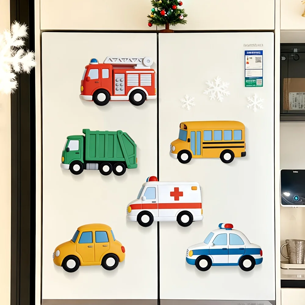 6-piece Large Transportation-themed Cartoon Fridge Magnet Set - Suitable for Kitchens, Offices, Whiteboards, and Refrigerators