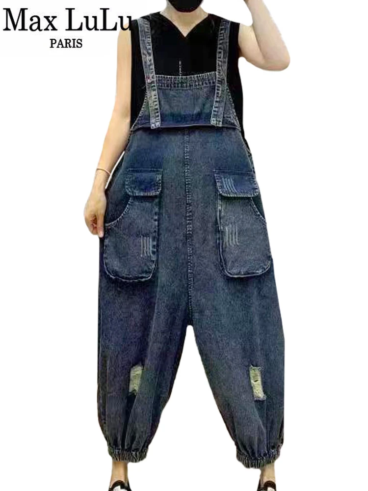 Max LuLu 2023 Summer Holes Denim Overalls Womens Fashion Loose Ripped Jeans Ladies Casual Vintage Pants Classic Harem Trousers