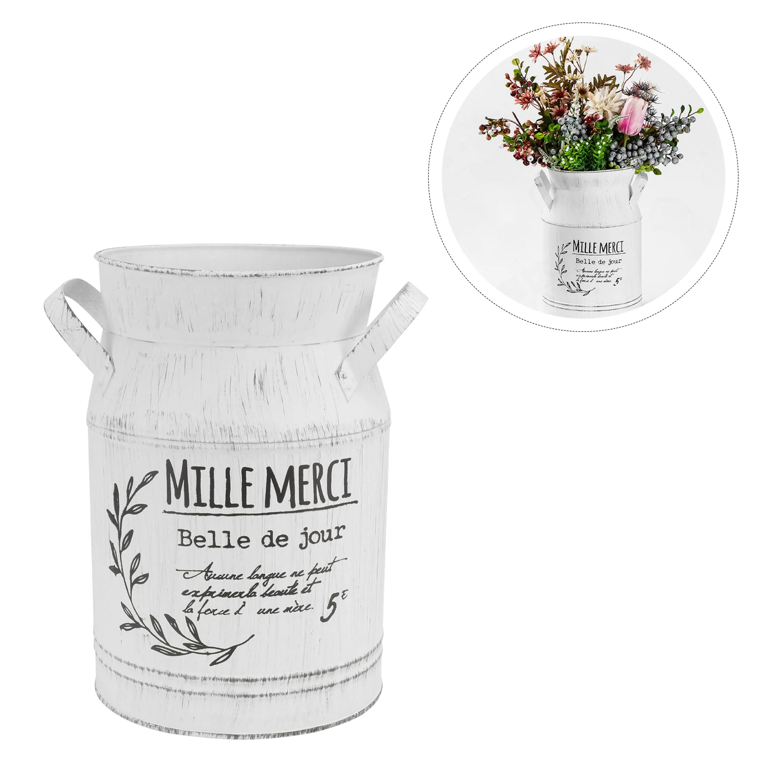 

Metal Flower Kettle Retro Galvanized Sheet Flower Arrangement Vase Desktop Ornament White Letters Pattern Size L For Living Room