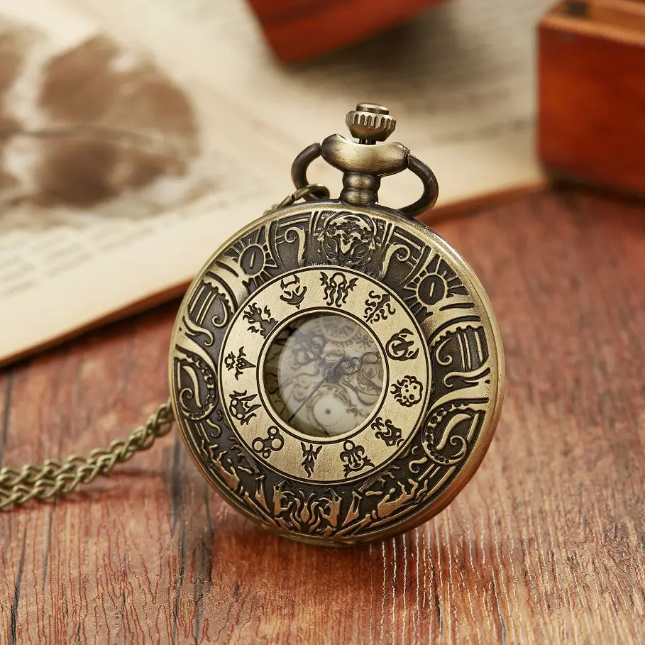 Steampunk Copper Vintage Hollow Gear Hollow Quartz Pocket Watch Necklace Pendant Clock Chain Men Women 2023