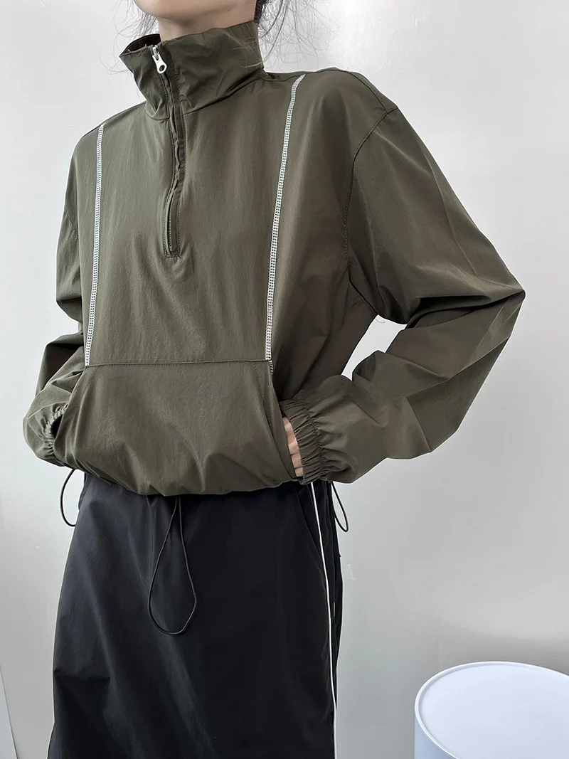 

Новая весенняя повседневная спортивная толстовка-куртка с высокой талией, свободного кроя, с воротником-стойкой, быстросохнущая, модный топ для молодых женщин