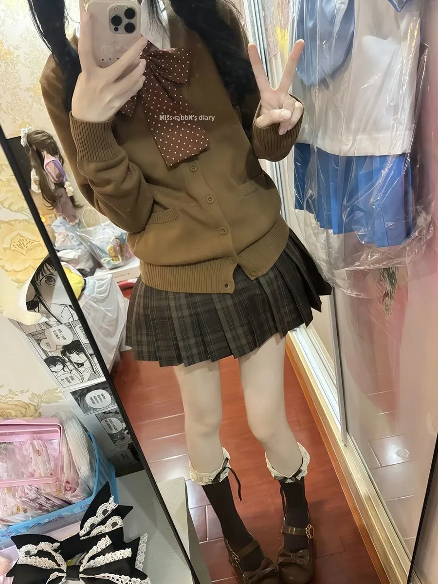 

Autumn Winter Knitted Cardigan Sweater Set with Caramel Plaid Skirt Long Sve Collar Button Closure Warm College Sle