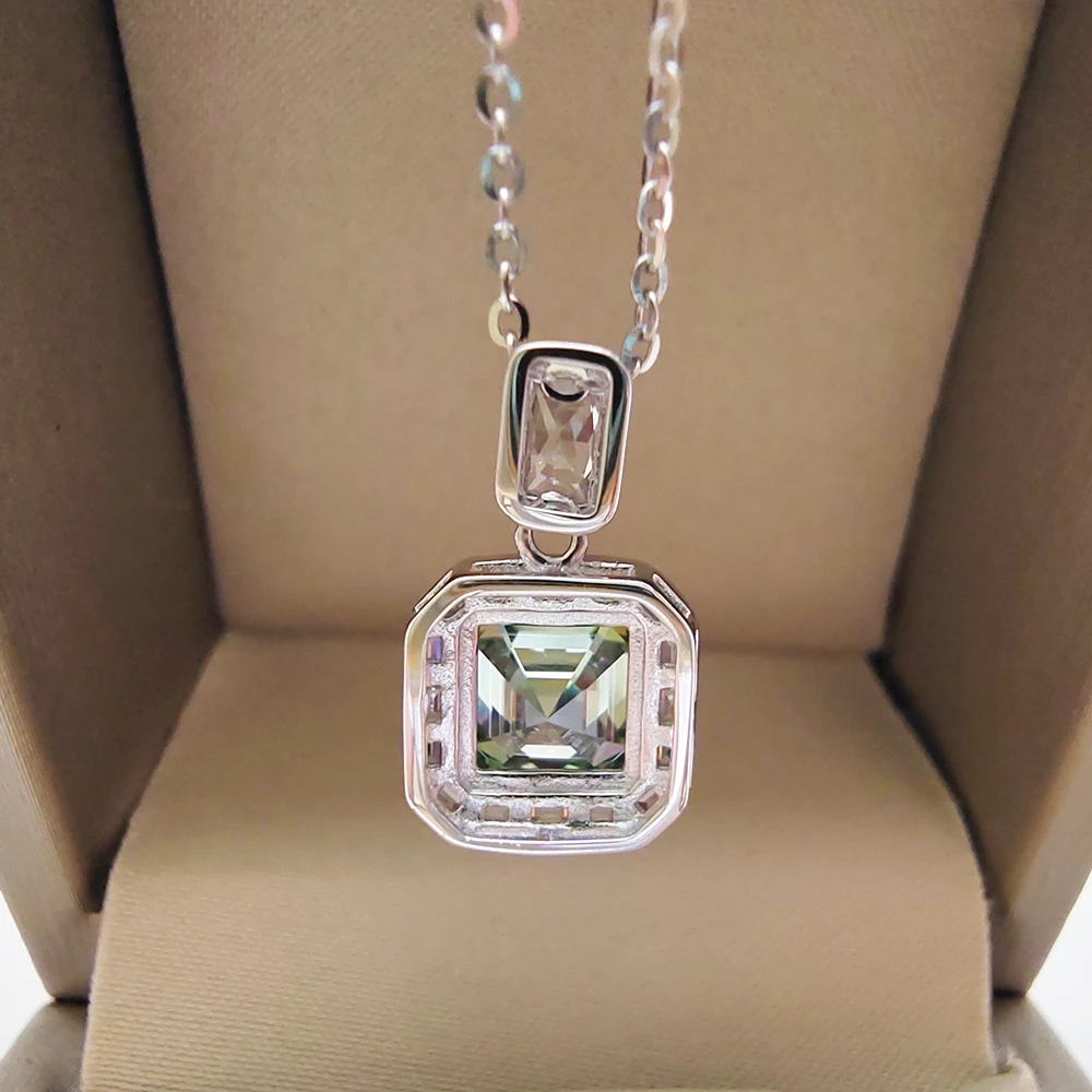 2ct Green Moissanite Necklace for Women 8MM Asscut Square Diamond Anniversary Birthday  Jewelry 100% S925 Silver Plated 18K Gold
