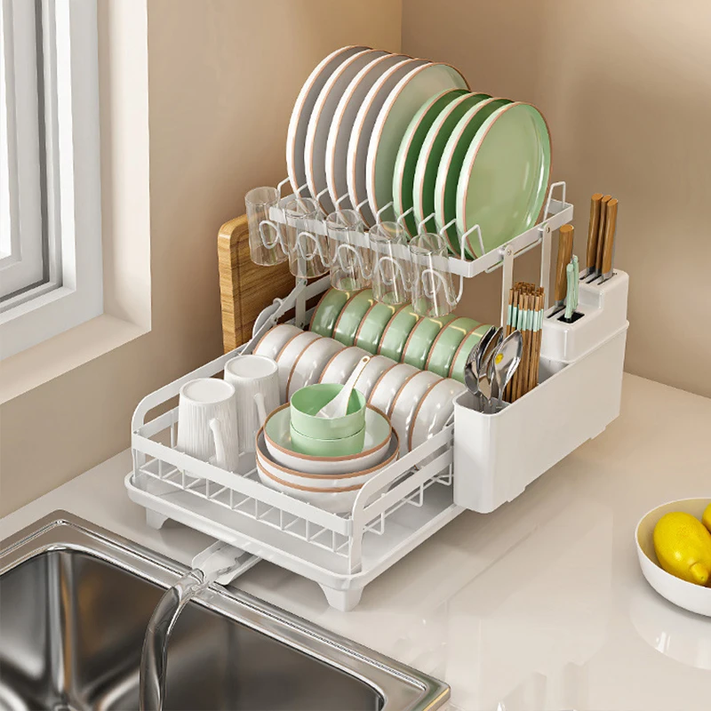 

2 Tier Dish Drying Rack Kitchen Sink Organizer Chopstick Holder with Drain Basket Countertop Dinnerware Organizer Drainboard