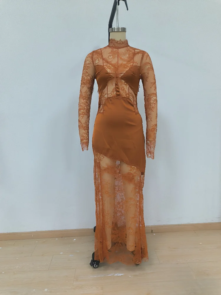 Damen Slim Fit Spitzen-Satin-Meerjungfrauenkleid mit hohem Kragen, langen Ärmeln, Rückenausschnitt, Maxikleid, formelles Kleid für Hochzeitsgäste und Partys. – Detail 2