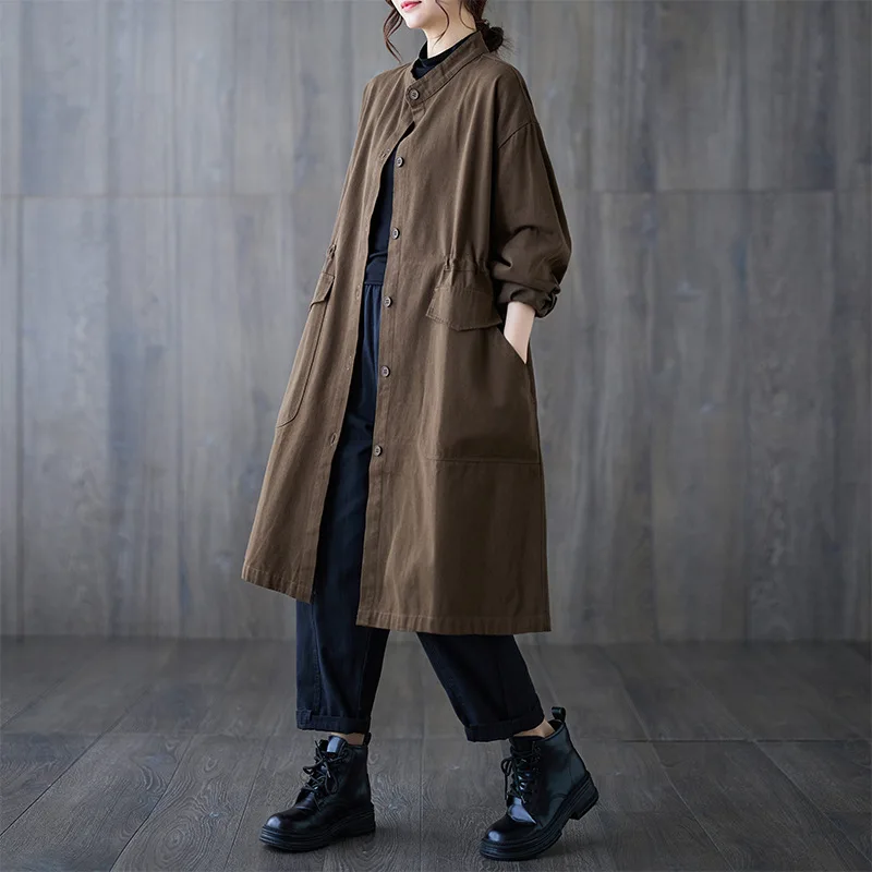 New Long-sleeved Trench Literary Fashion Stand Collar Single-breasted Streetwear Cardigan 2024 Women's Solid Mid-length Windbre