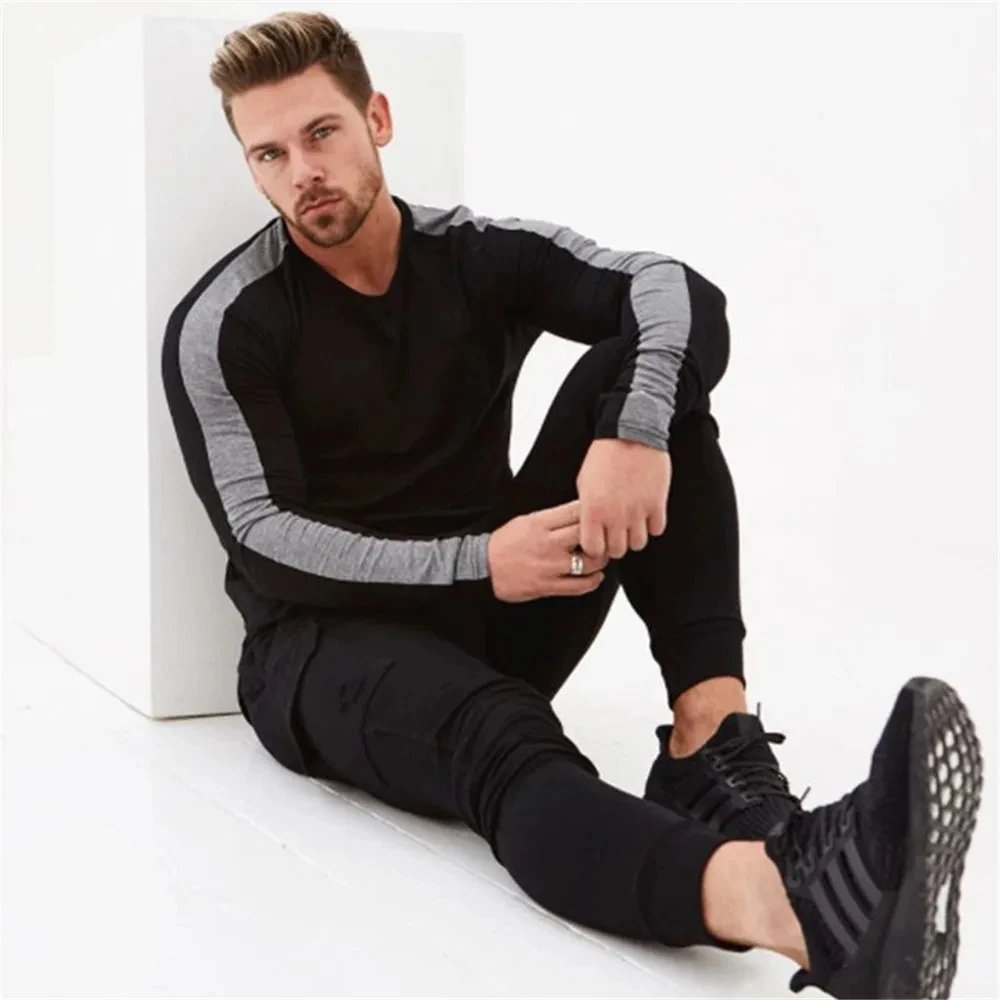 Long Sleeve Sport Shirt Men Rushgard Running TShirt Cotton Stripe Fitness T Shirt Men Sport Top Gym Shirt Sportswear T-Shirt