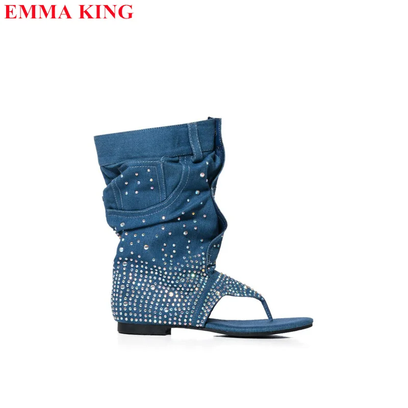 2023 Summer Denim Crystal Sandals Boots Fashion Rhinestone Split Toe Ankle Boots For Women New Designer Flat Short Booties Women