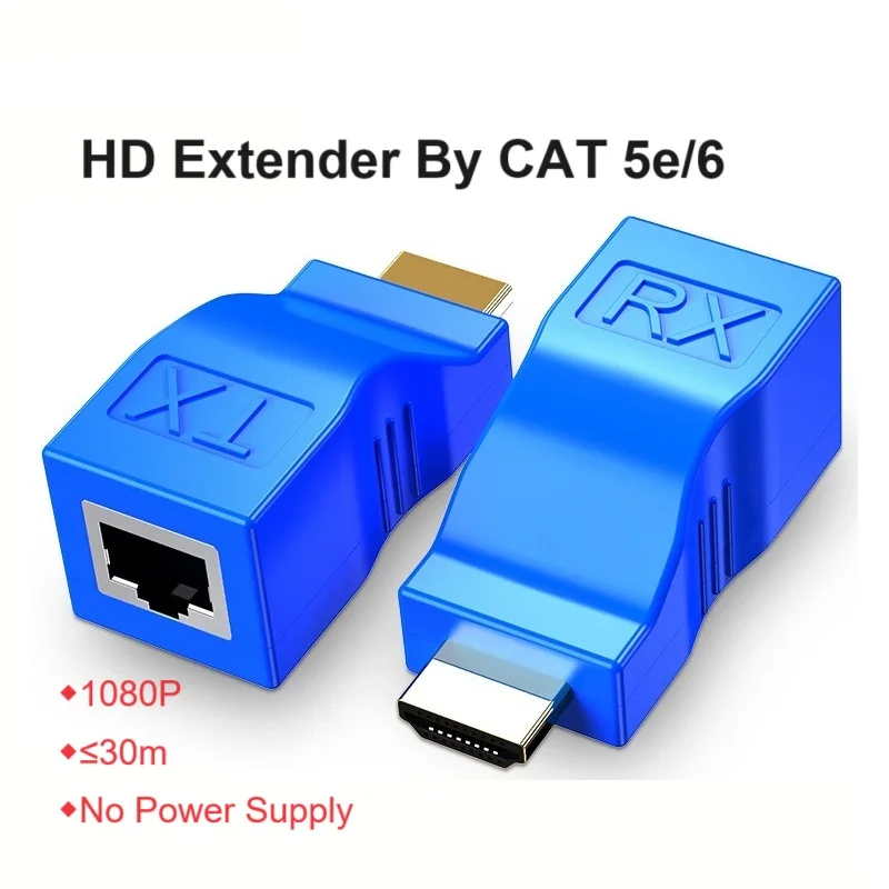 Extensor compatível com HDMI por Cat 5e, 6 cabos, 30m, Ethernet, transmissor, receptor para monitor de DVD, PC