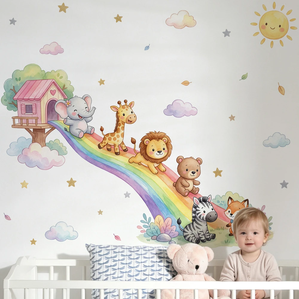 Cartoon-Tiere Regenbogen-Wands – Baby Nursery Jungle Bewertung und Preis