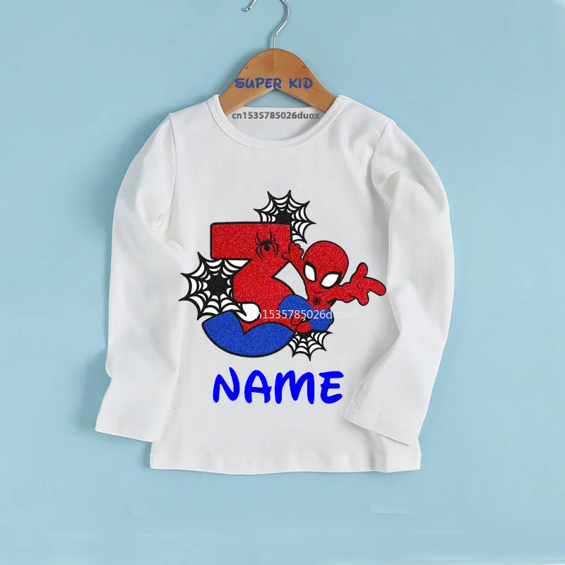 MARVEL Spiderman Birthday 2024 New Autumn Bottoming Shirt Boy 2 3 4 5 6 7 Spiderman Customized Name Birthday Long Sleeve T-shirt