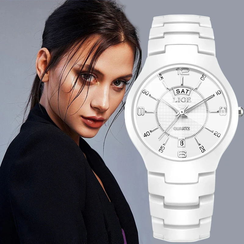 LIGE Classic Elegant Watches for Woman Unique Dial Fashion Luxury Ceramic Belt Waterproof Quartz Women's Watches Ladies Gift New