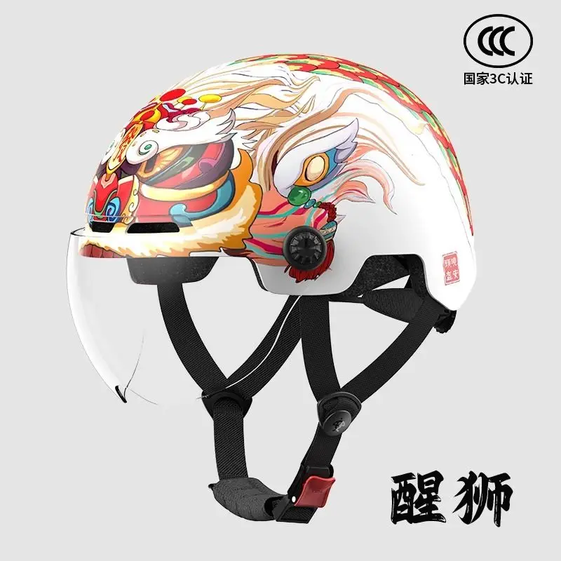 Chinese Style Electric Car Helmet Lightweight Summer Half Helmet Lion Classical Opera Oil Paint Handmade Drawing Helmet