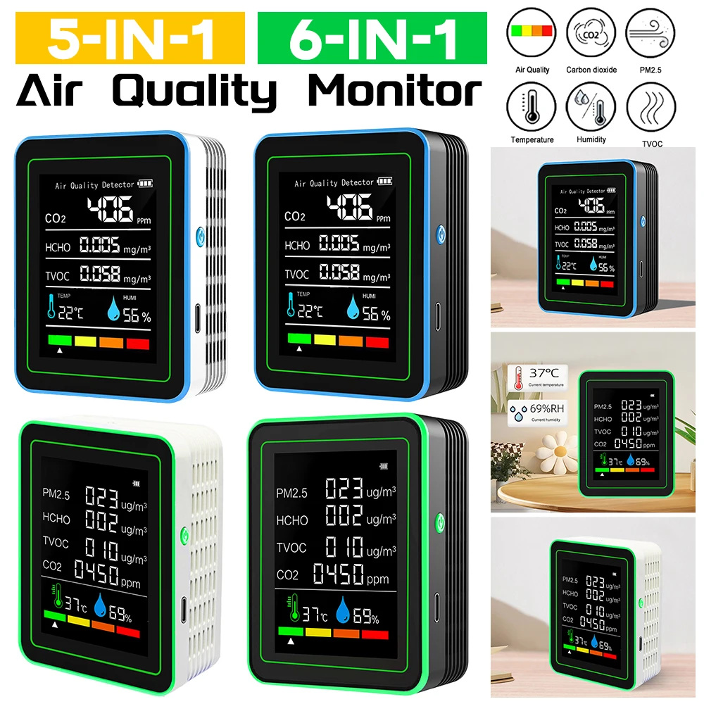 5-in-1 Air Quality Monitor Portable Carbon Dioxide Detector HCHO TVOC Co2 Meter Temperature Humidity Detector for Indoor Outdoor