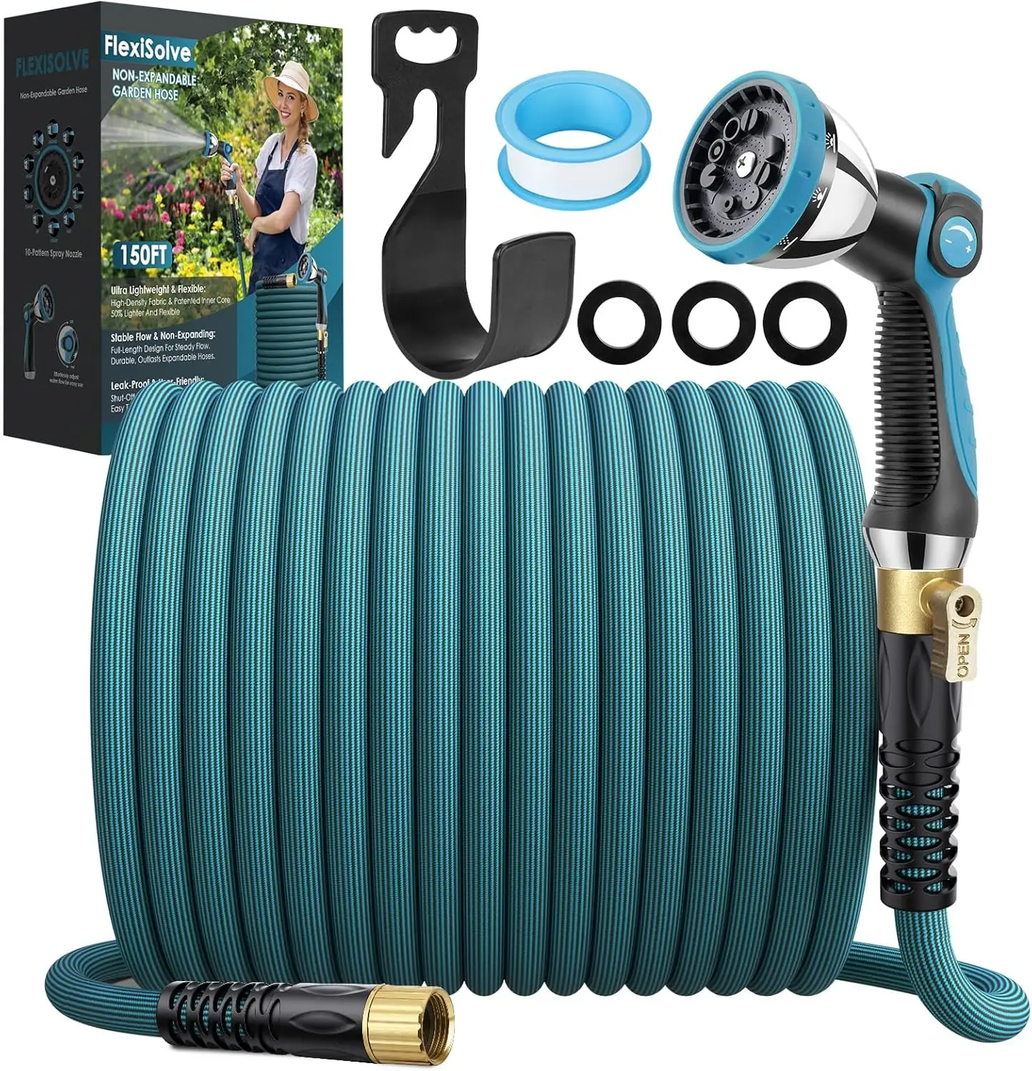 NON-EXPANDABLE Garden Hose 150 ft, Ultra Lightweight Flexible Water Hose with 10-Pattern Nozzle
