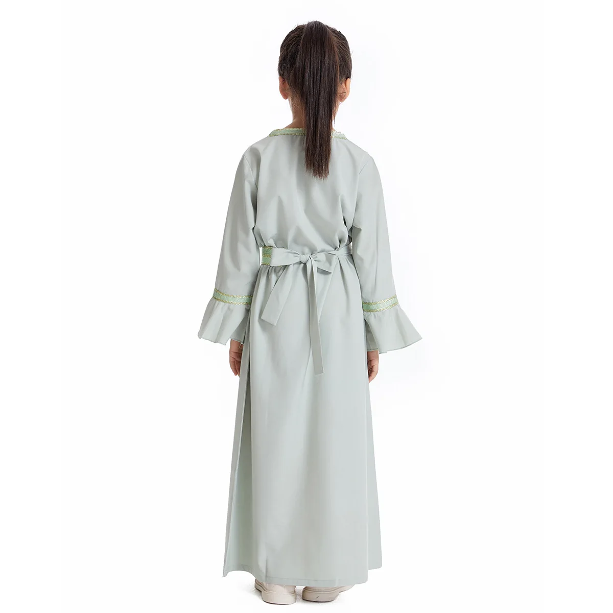 Manga longa Abaya Robe com Applique Border para crianças, vestidos de noite para adolescente muçulmana, roupas pretas para menina, moda luxuosa, 2024