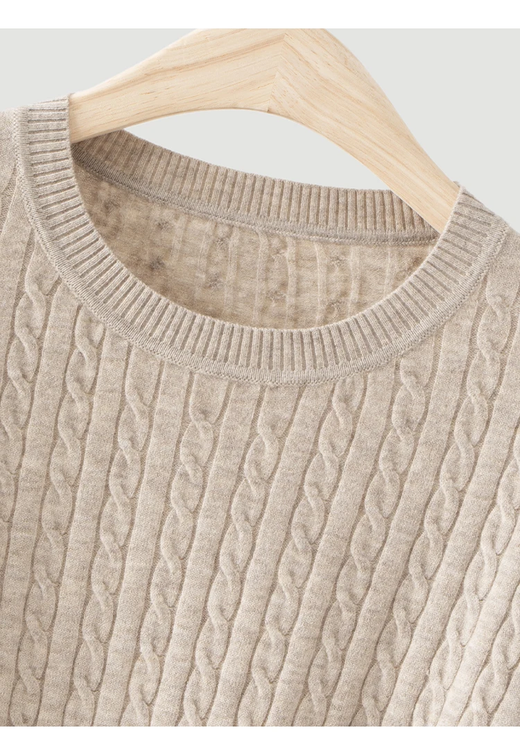 ML62062 Damen Minimalistischer Zopfmuster-Pullover mit Rundhalsausschnitt, Langarm, Modal-Mischung, Weich und Warm, Herbst-Winter-Oberteil – Detail 17