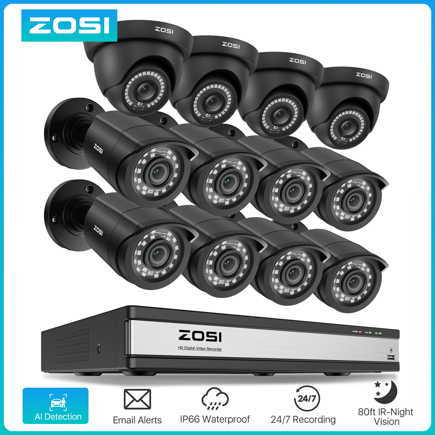 ZOSI 16CH CCTV Security Camera System 1080P Outdoor Indoor Surveillance Cameras H.265+ 16Channel 2MP DVR Kit for 24/7 Recording