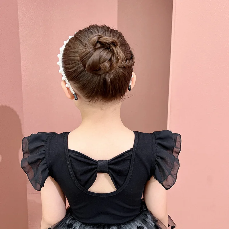 Meisjes Ruche Mouw Ballet Dans Jurk Tutu Begrenste Turnpakje Kriskras Boog Terug Dot Tulle Fluffy Dancewear Korea Skate Prinses