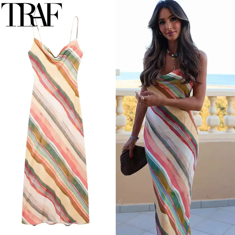 TRAF Women 2024 Slip Dress Sleeveless Print Long Dresses Summer Striped Midi Dress Backless Party Dresses Beach Holiday Dresses