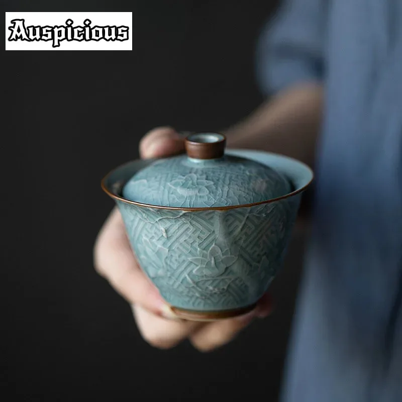 110ml Celadon Ge Kiln Open Piece Relief Orchid Ceramic Covered Bowl Tea Cup Handmade Home Kung Fu Teaset Tea Ceremony Drinkware