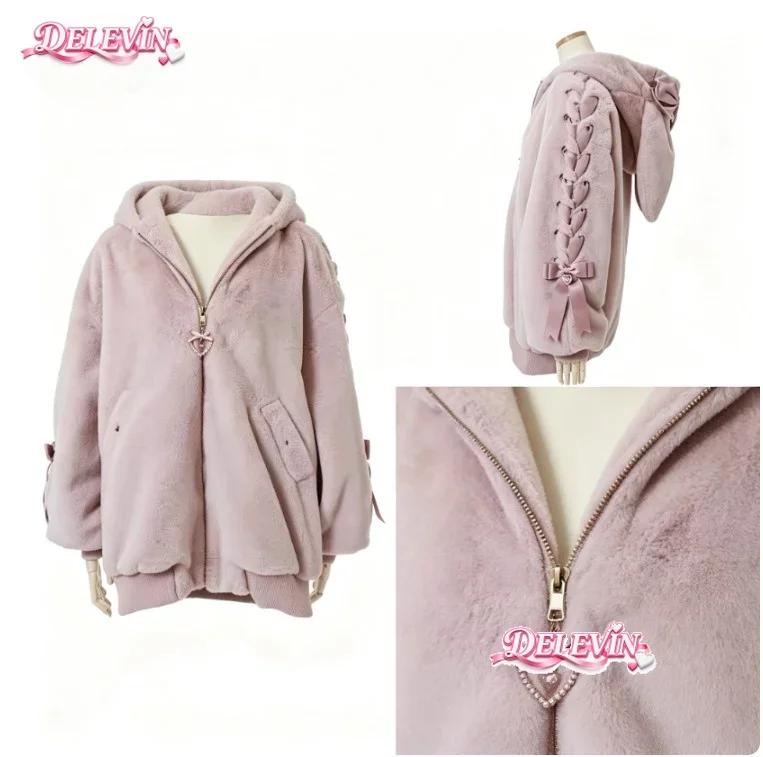 Japanese Liz Thickened Warm Rabbit Ear Fur Coat Jacket Women Fall Winter New Loose Sweet Bow Long Sleeve Lolita Girls Clothes