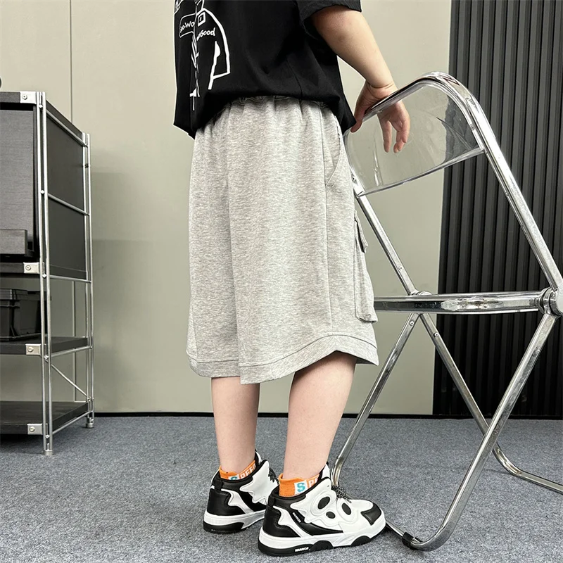 New Casual Kids Child Summer Cotton Shorts with Drawstring for Teenage Boy Solid Color Knee Length Cargo Shorts with Pocket 5-14