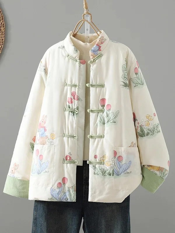 

New Chinese Sle Rabbit Print Cotton Jaet Women's Winter Faion Anti-Aging Cotton Padded Warm Beautiful Coat with Button