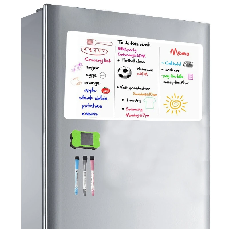Calendrier magnétique effaçable à sec pour réfrigérateur, tableau blanc, 3 stylos, grande gomme, notes, planification hebdomadaire, dessin