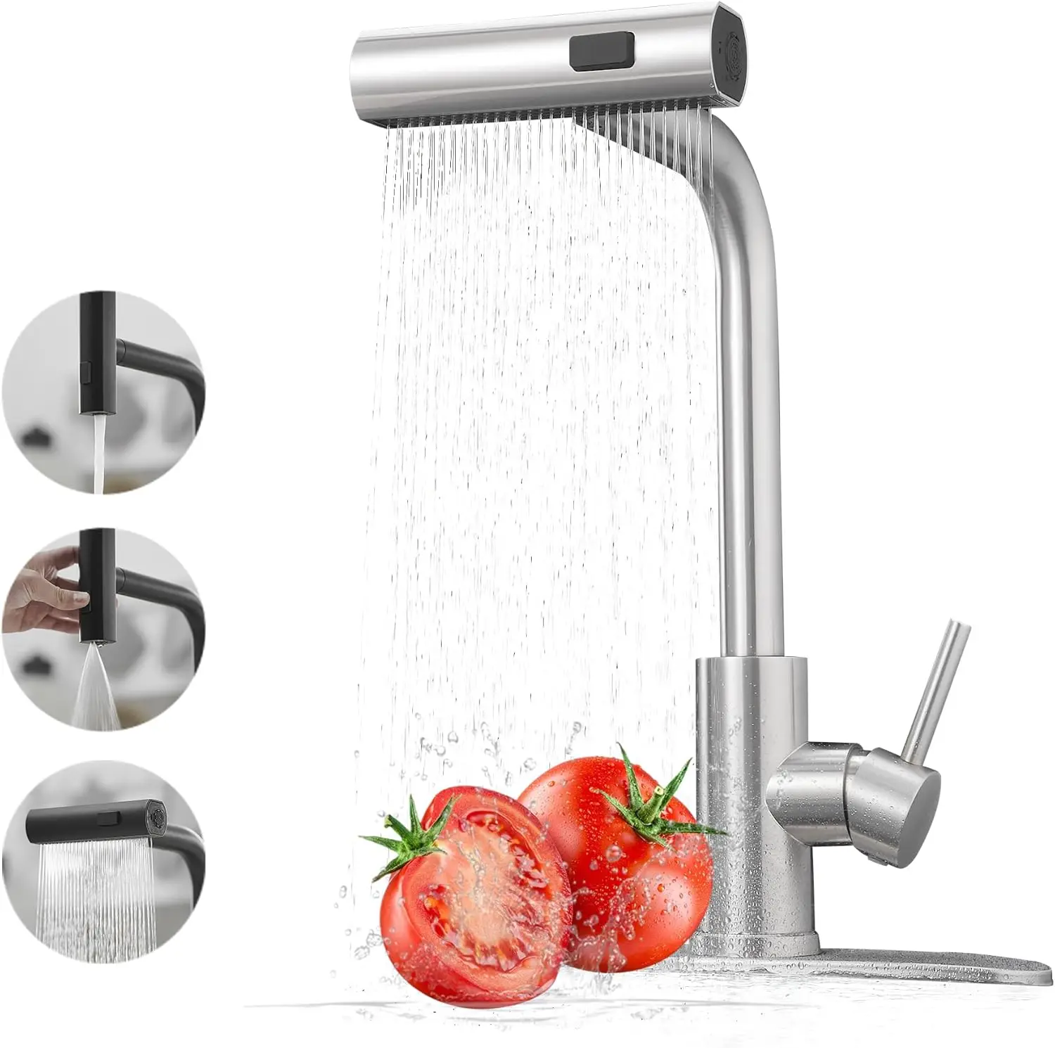 

Stainless Steel Kitchen Faucet with Pull Down Sprayer, Waterfall Design, Single Handle for 3 Functions