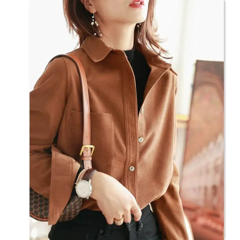 2024 New Long Sleeve Shirt Woman Top Female Autumn Winter Trend Leisure Layer Sanding Corduroy Grace Office Lady Simplicity Sven