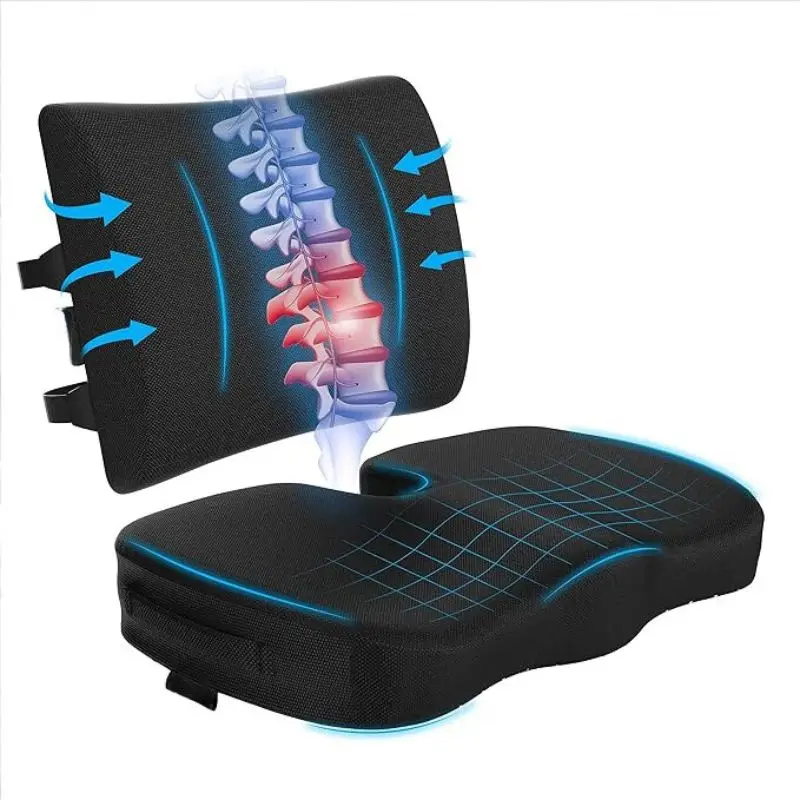 

Memory Foam Seat Cushion & Lumbar Support Pillow Set Ergonomic for Office Chair, Car, Travel - Relieves Lower Back Pain